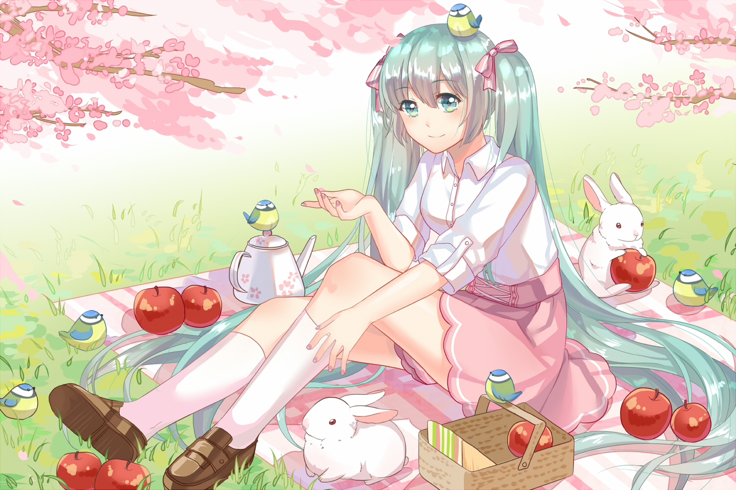animal, apple, aqua_eyes, aqua_hair, bird, cherry_blossoms, flowers, food, fruit, grass, hatsune_miku, kneehighs, kuroka_tori, long_hair, rabbit, shirt, skirt, twintails, vocaloid