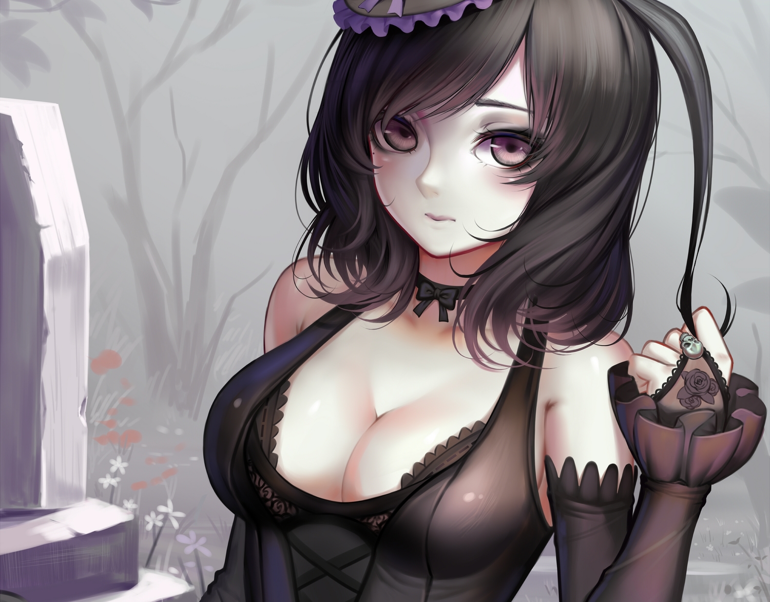 black_hair, breasts, cleavage, cropped, elbow_gloves, gloves, gothic, original