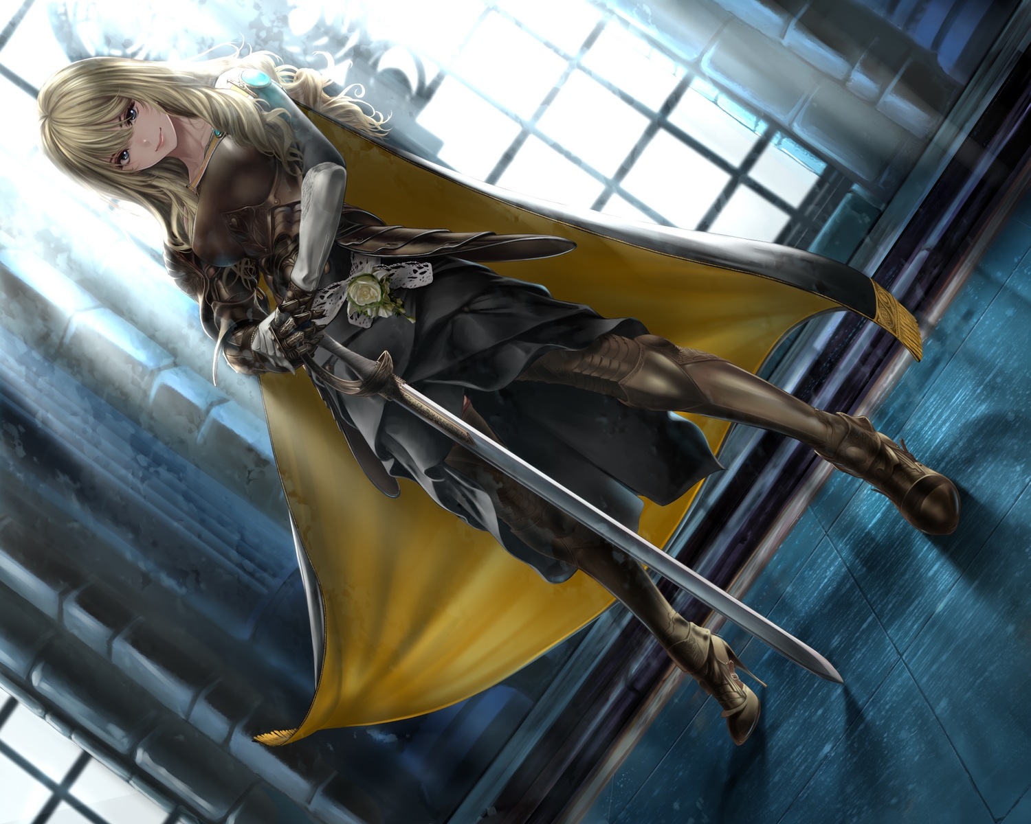 armor, blonde_hair, blue_eyes, long_hair, original, shisshou_senkoku, sword, weapon