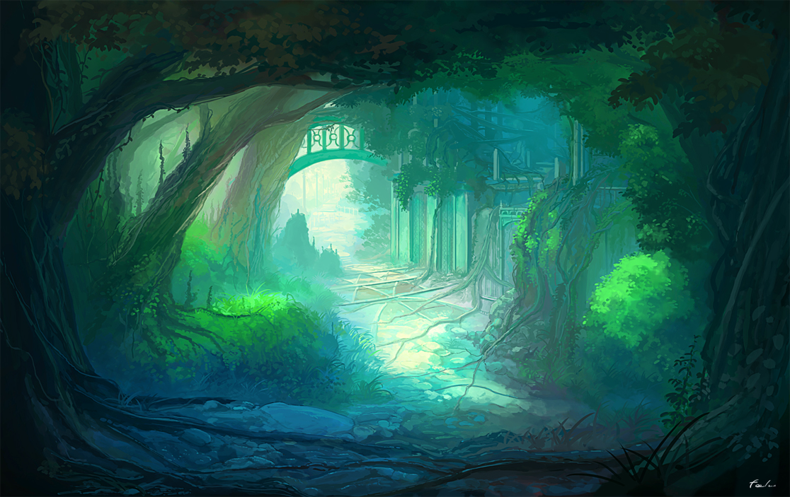 feel_(nasitaki), forest, grass, green, no_humans, original, ruins, signed