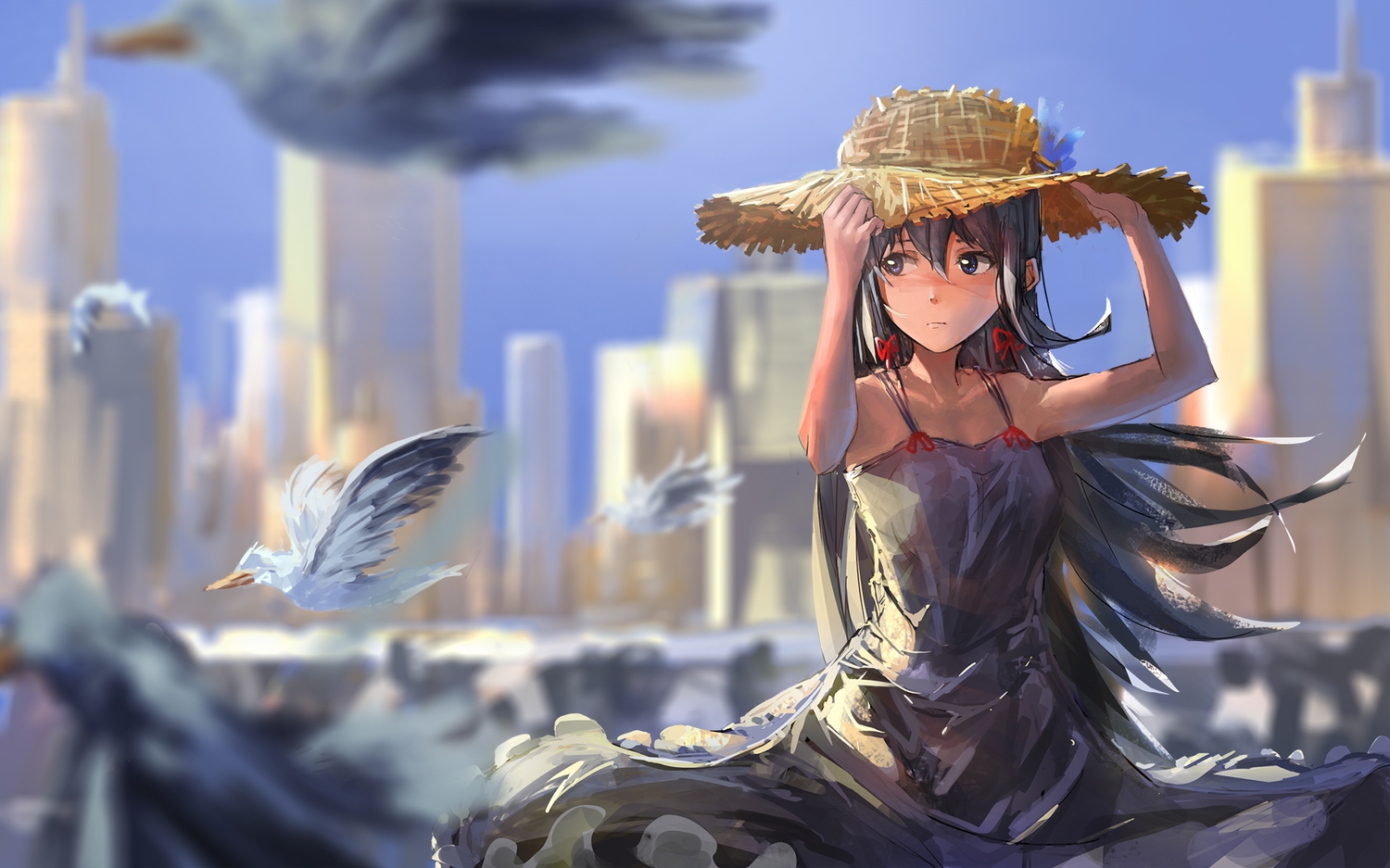 animal, bird, blue_eyes, dress, ein_eis, hat, long_hair, yahari_ore_no_seishun_love_come_wa_machigatteiru.