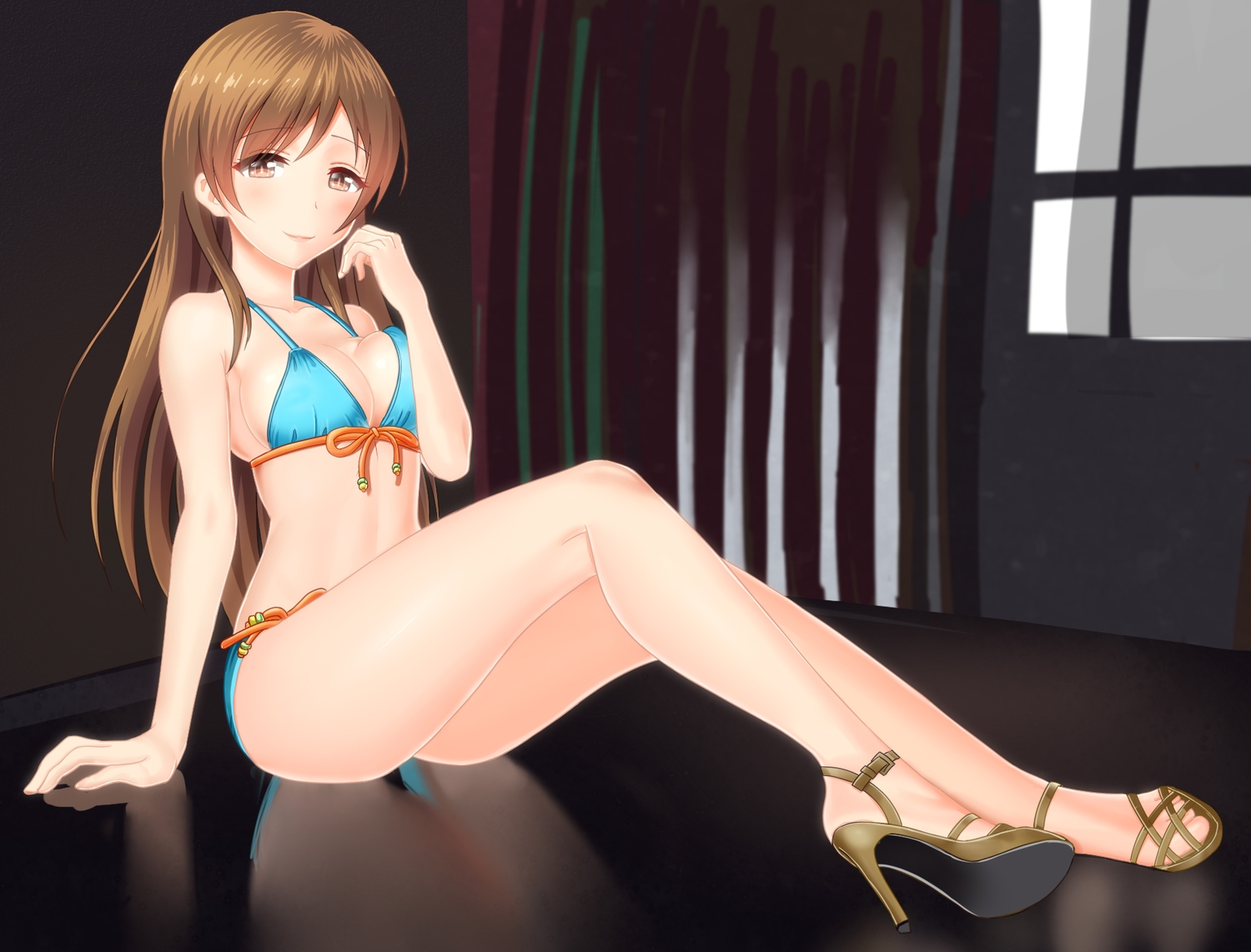 bikini, blush, breasts, brown_eyes, brown_hair, cleavage, idolmaster, idolmaster_cinderella_girls, long_hair, nitta_minami, swimsuit, takahirokun