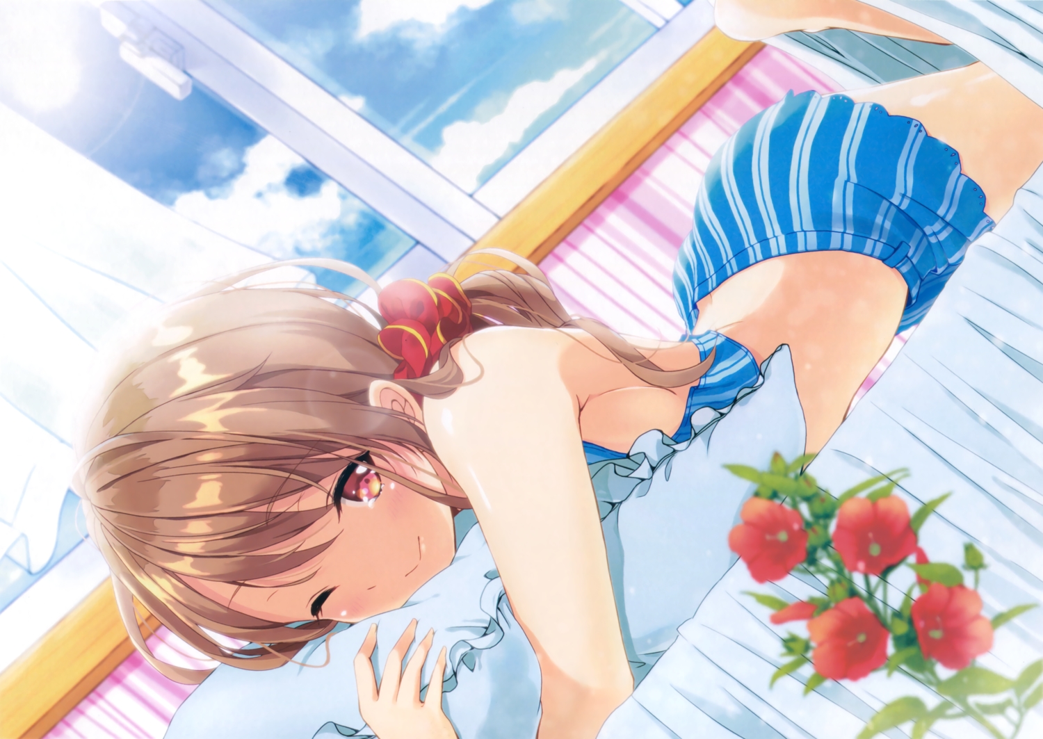 breasts, brown_hair, minamoto_mamechichi, no_bra, scan, sideboob