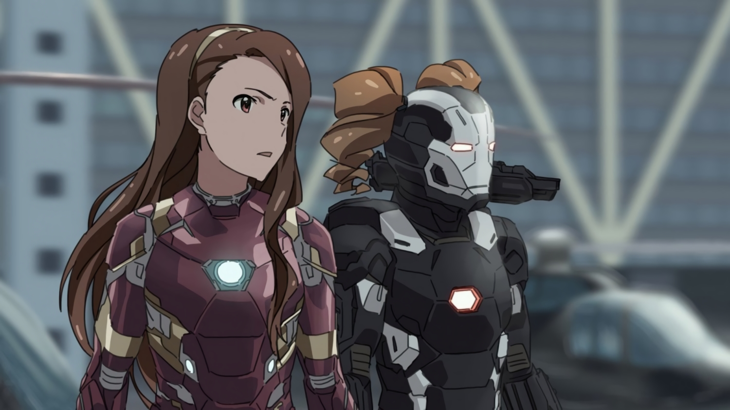 brown_hair, cosplay, idolmaster, long_hair, marvel_comics, minase_iori, parody, takatsuki_yayoi, taku1122, techgirl, twintails, waifu2x, weapon
