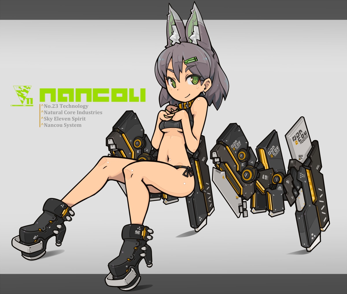 animal_ears, breast_hold, breasts, brown_hair, collar, gray_hair, green_eyes, mechagirl