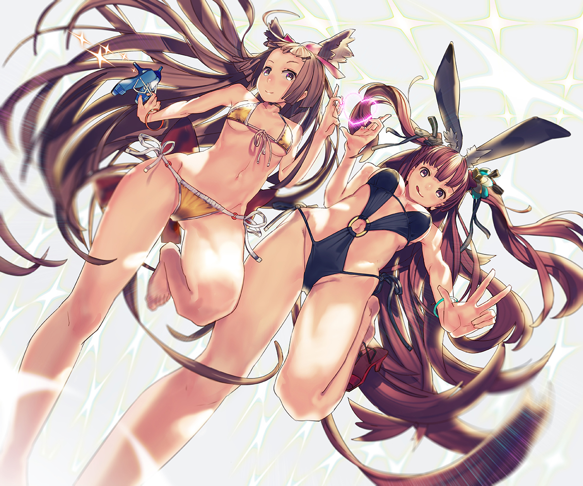 2girls, animal_ears, bikini, black_eyes, brown_hair, bunny_ears, bunnygirl, el-zheng