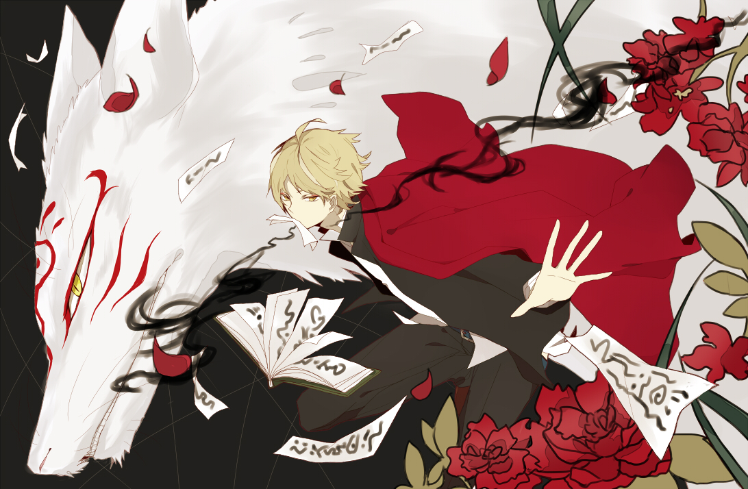 all_male, animal, blonde_hair, cape, flowers, madara, male, natsume_takashi