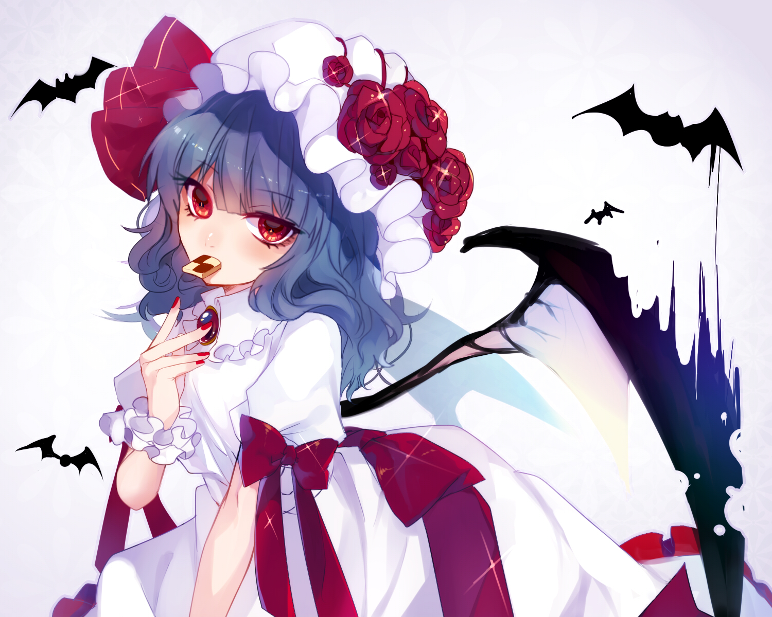 animal, bat, blue_hair, bow, daimaou_ruaeru, dress, flowers, food
