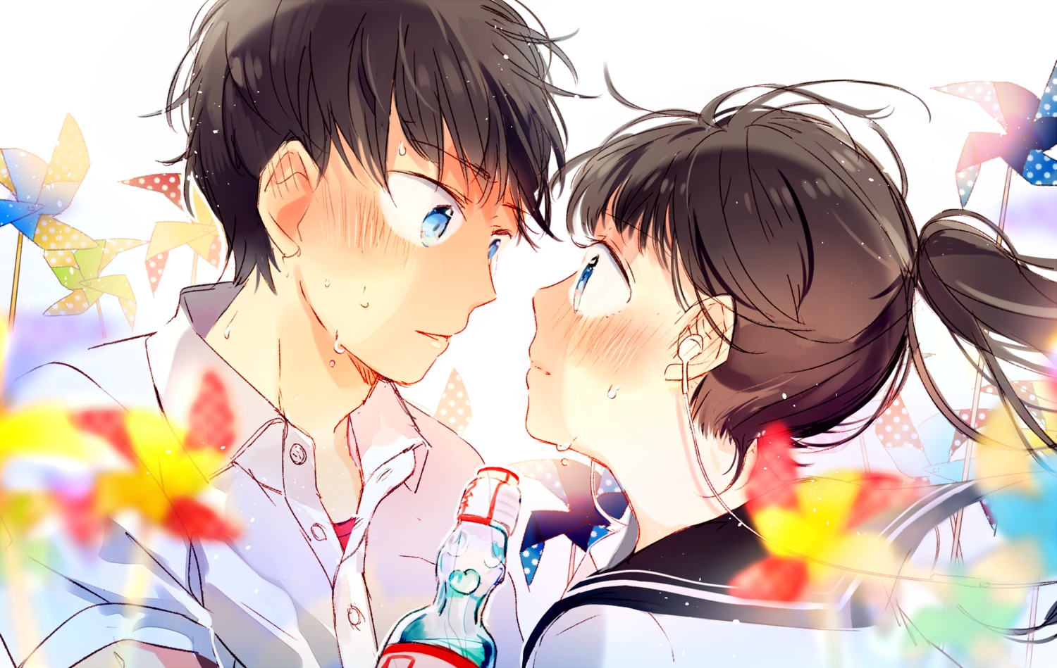 aqua_eyes, black_hair, blue_eyes, blush, close, drink, makoji_(yomogi), male