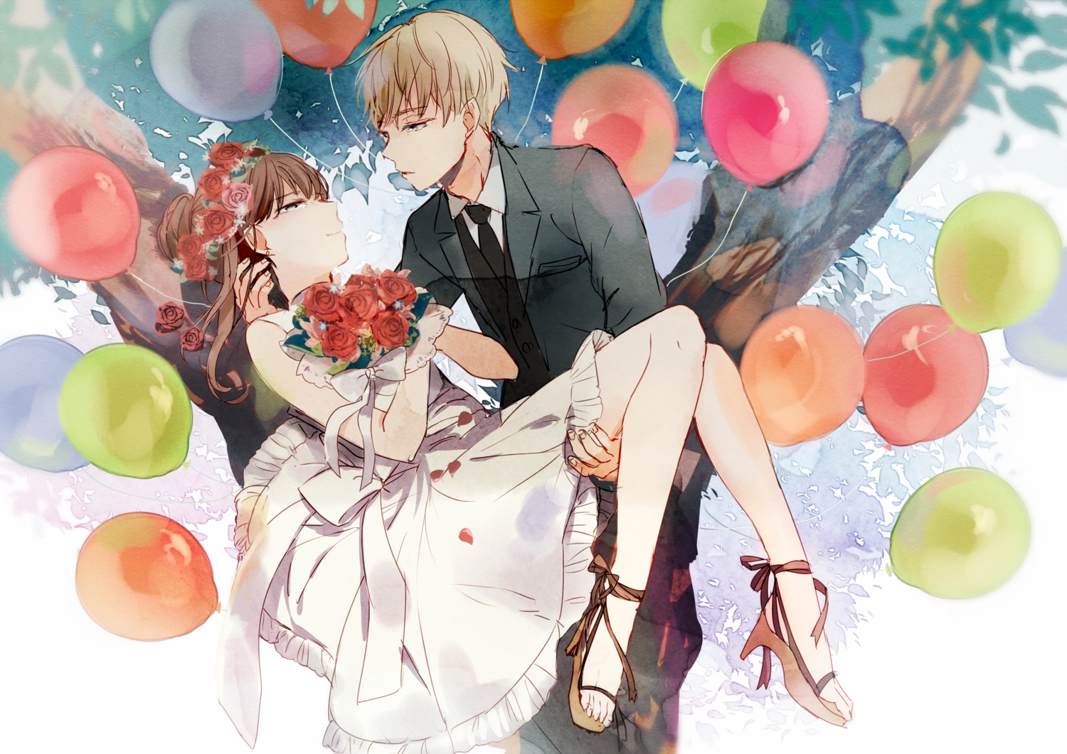 blonde_hair, brown_hair, dress, flowers, headdress, makoji_(yomogi), male, original