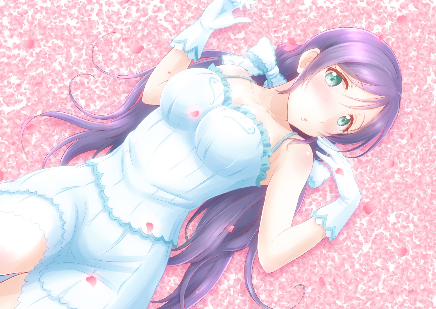 aqua_eyes, blush, bow, ckst, dress, gloves, long_hair, love_live!_school_idol_project, petals, purple_hair, toujou_nozomi, twintails