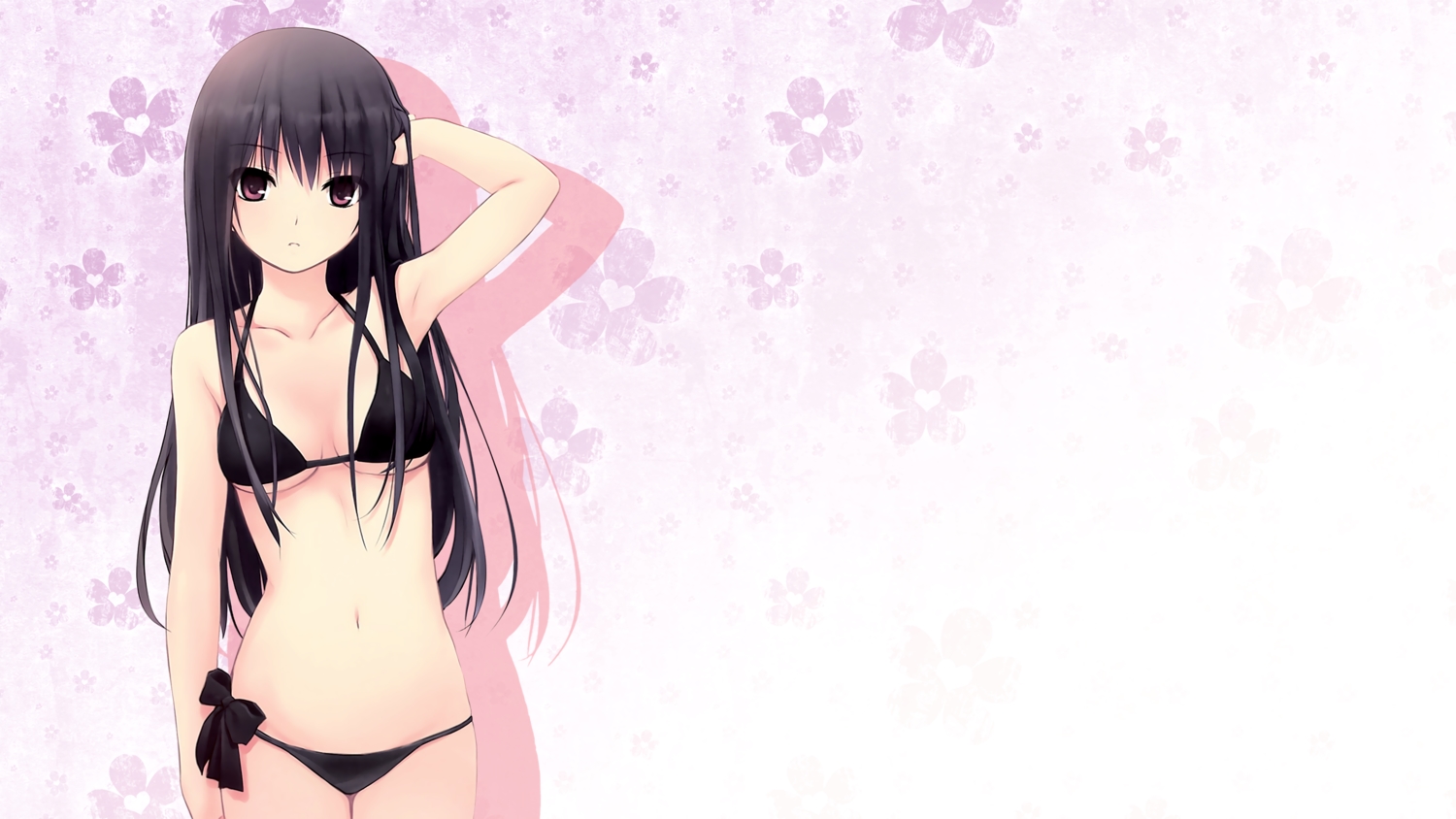 bikini, black_hair, coffee-kizoku, flowers, long_hair, navel, original, purple_eyes, scan, shiramine_rika, swimsuit, third-party_edit