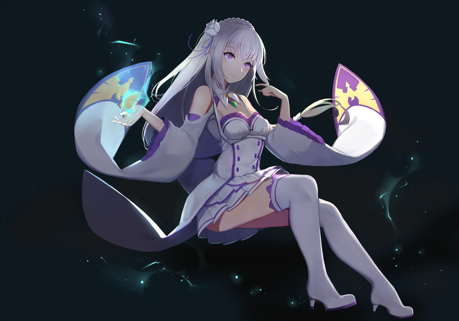 boots, braids, breasts, cleavage, collar, emilia_(re:zero), long_hair, magic, purple_eyes, re:zero_kara_hajimeru_isekai_seikatsu, skirt, thighhighs, white_hair, yingji_(zszero)