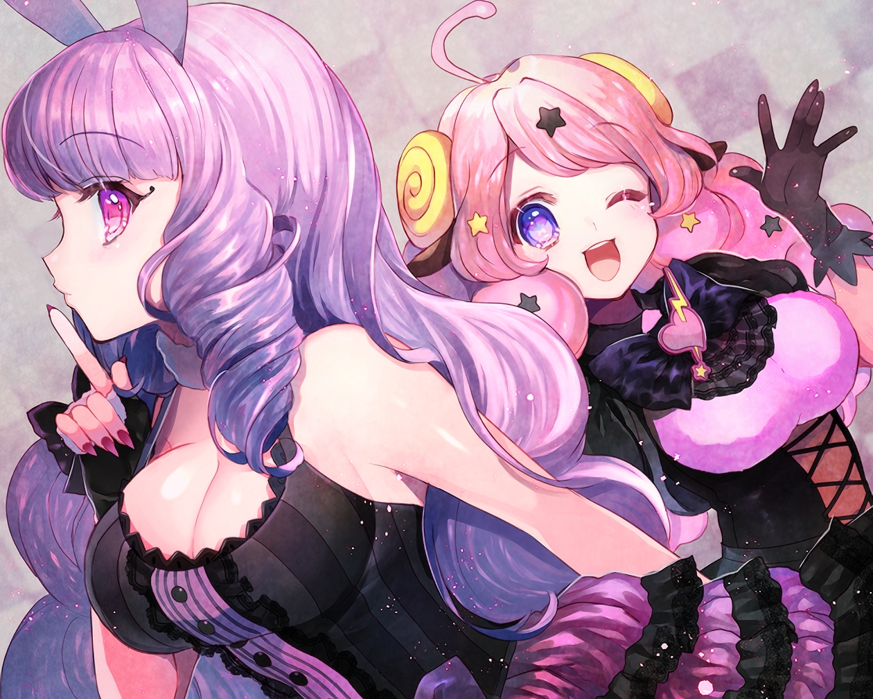 2girls, animal_ears, blue_eyes, breasts, bunny_ears, bunnygirl, chuchu_(show_by_rock!!), cleavage