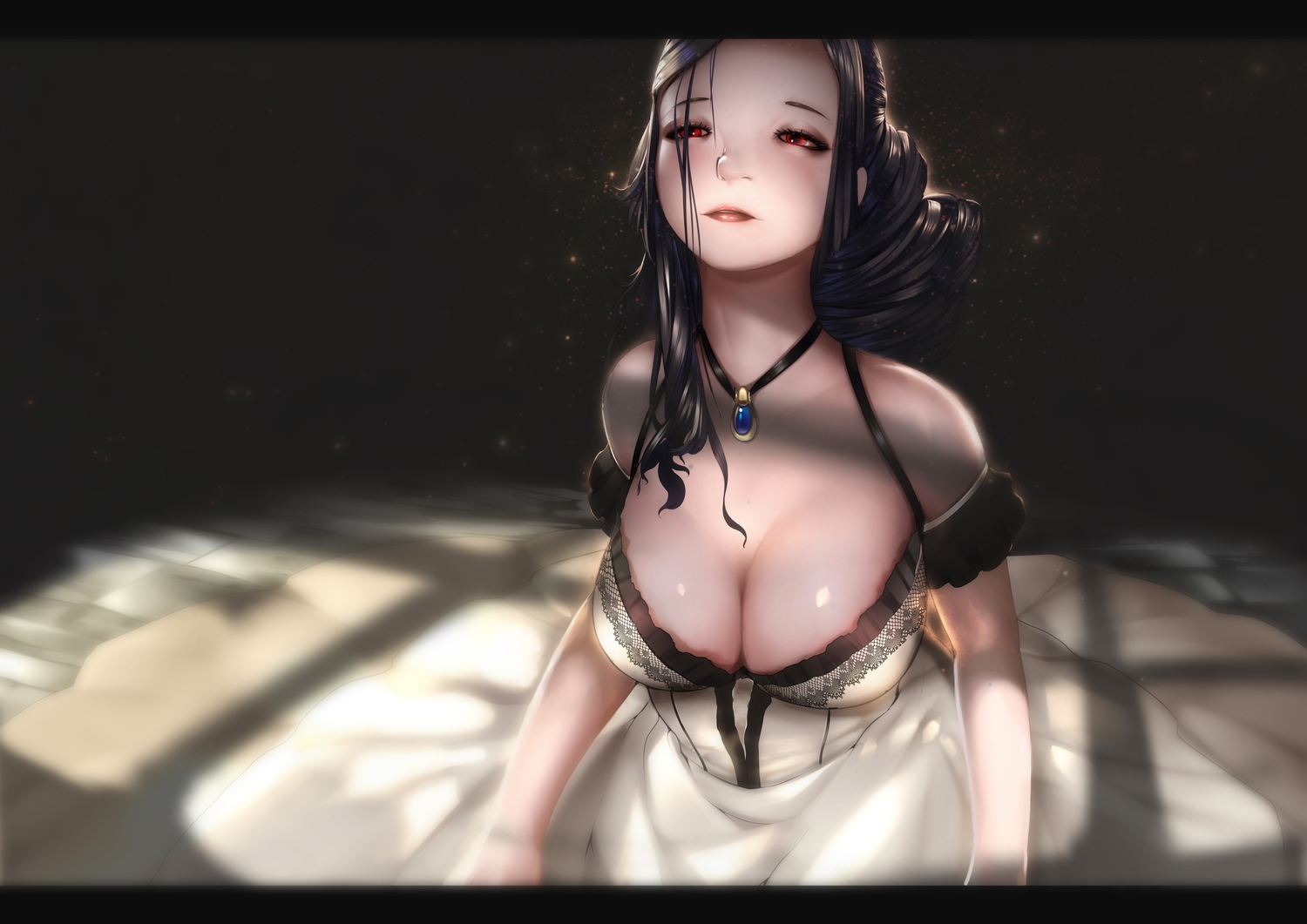 black_hair, breasts, cleavage, dark, dress, milk-doll, necklace, original, red_eyes