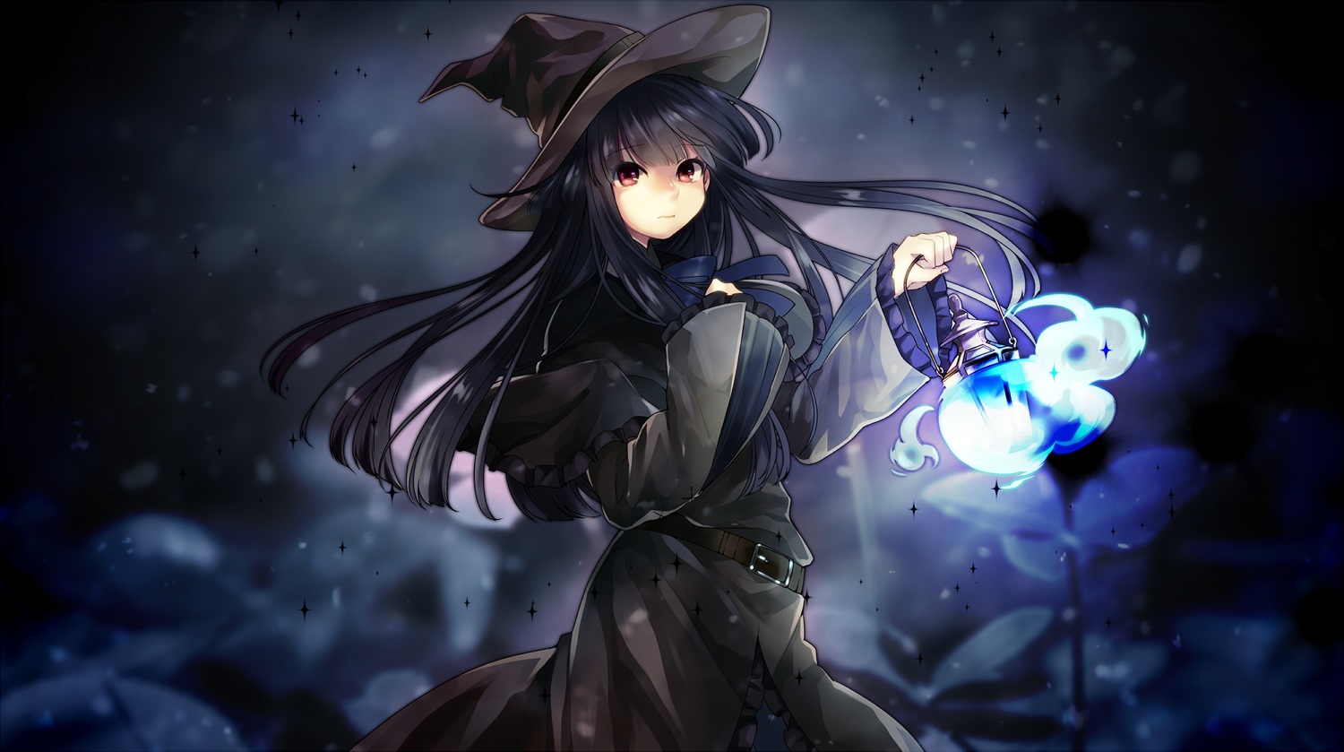 black_hair, hat, jpeg_artifacts, long_hair, magic, toudou_charo, utau, witch, witch_hat
