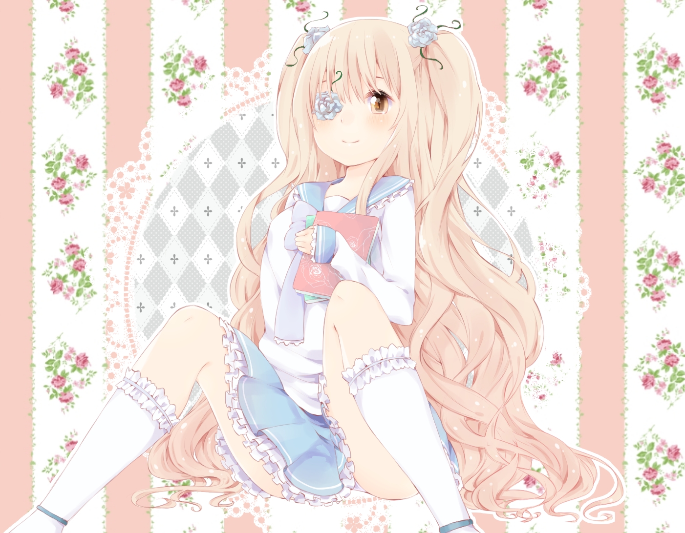 azuki_(krps-hano), blonde_hair, blush, book, eyepatch, kirakishou, kneehighs, lolita_fashion