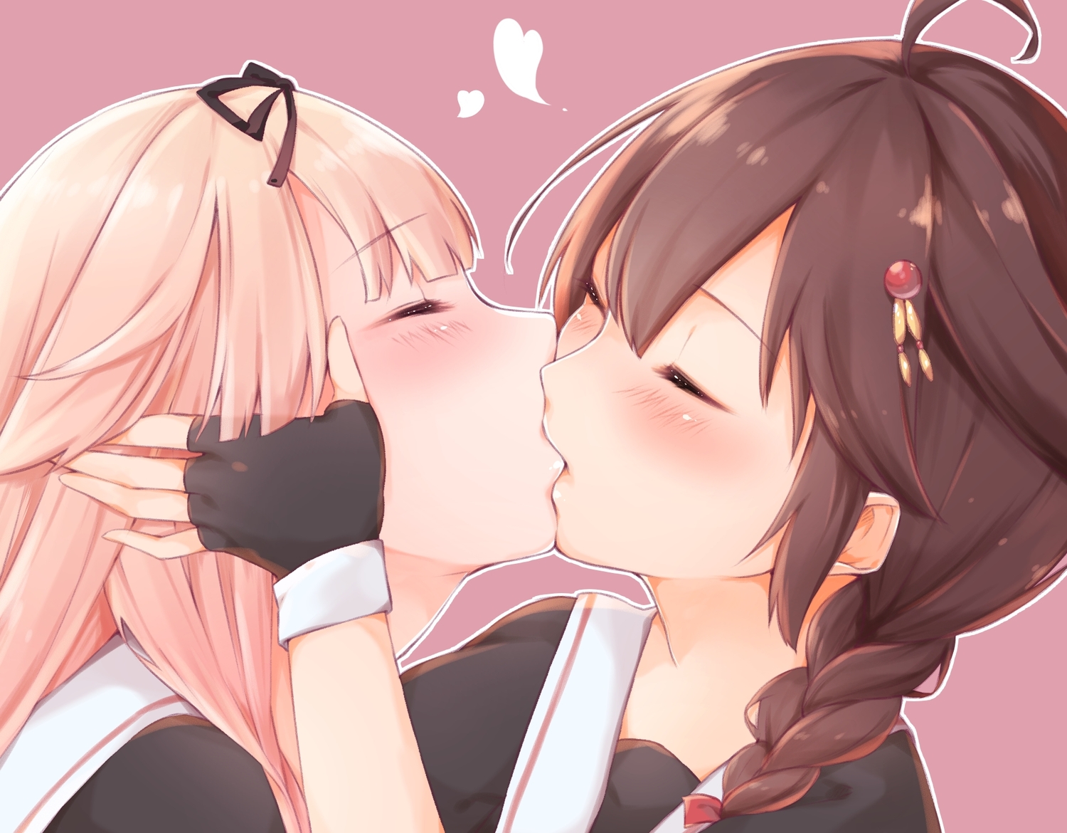 2girls, anthropomorphism, azuki_(krps-hano), blush, kantai_collection, kiss, long_hair, shigure_(kancolle), shoujo_ai, yuudachi_(kancolle)