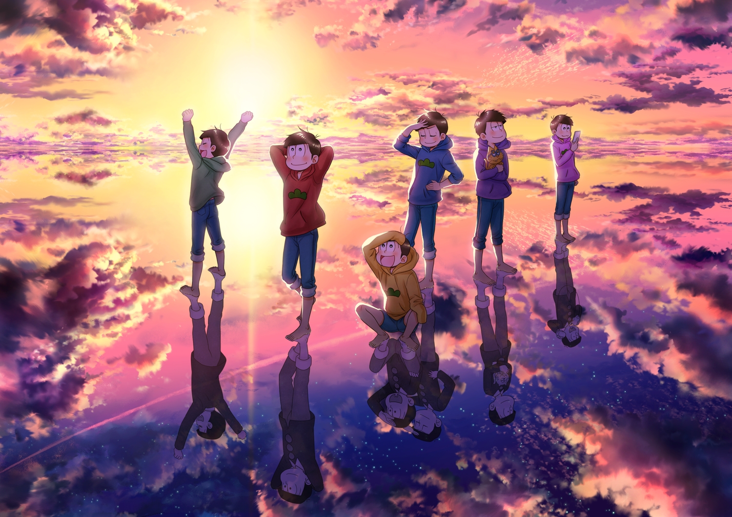 all_male, clouds, hood, male, matsuno_choromatsu, matsuno_ichimatsu, matsuno_juushimatsu, matsuno_karamatsu