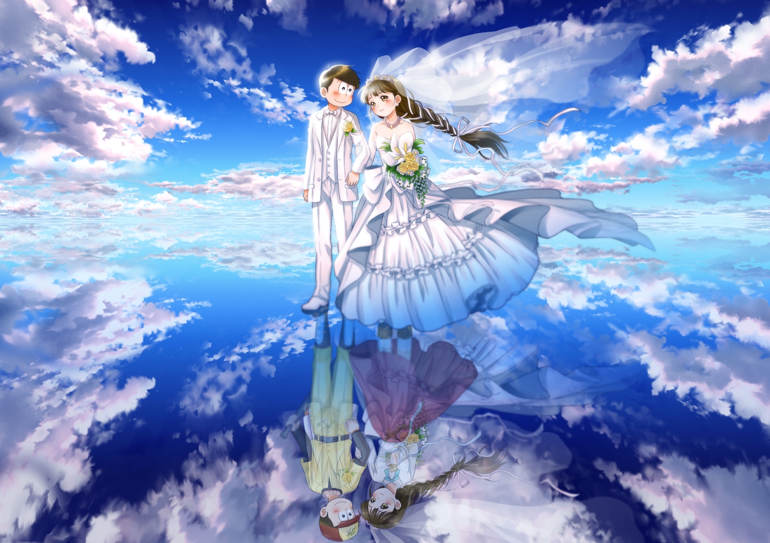 clouds, juushimatsu's_girlfriend, male, matsuno_juushimatsu, osomatsu-kun, osomatsu-san, reflection, sky, suit, wedding_attire, yuuno_(yukioka)