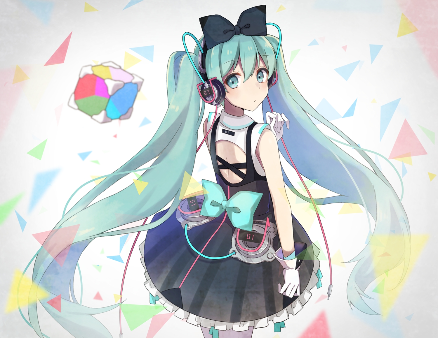 aqua_eyes, aqua_hair, bow, dress, gloves, hatsune_miku, headphones, long_hair, magical_mirai_(vocaloid), tadaomi_(amomom), twintails, vocaloid