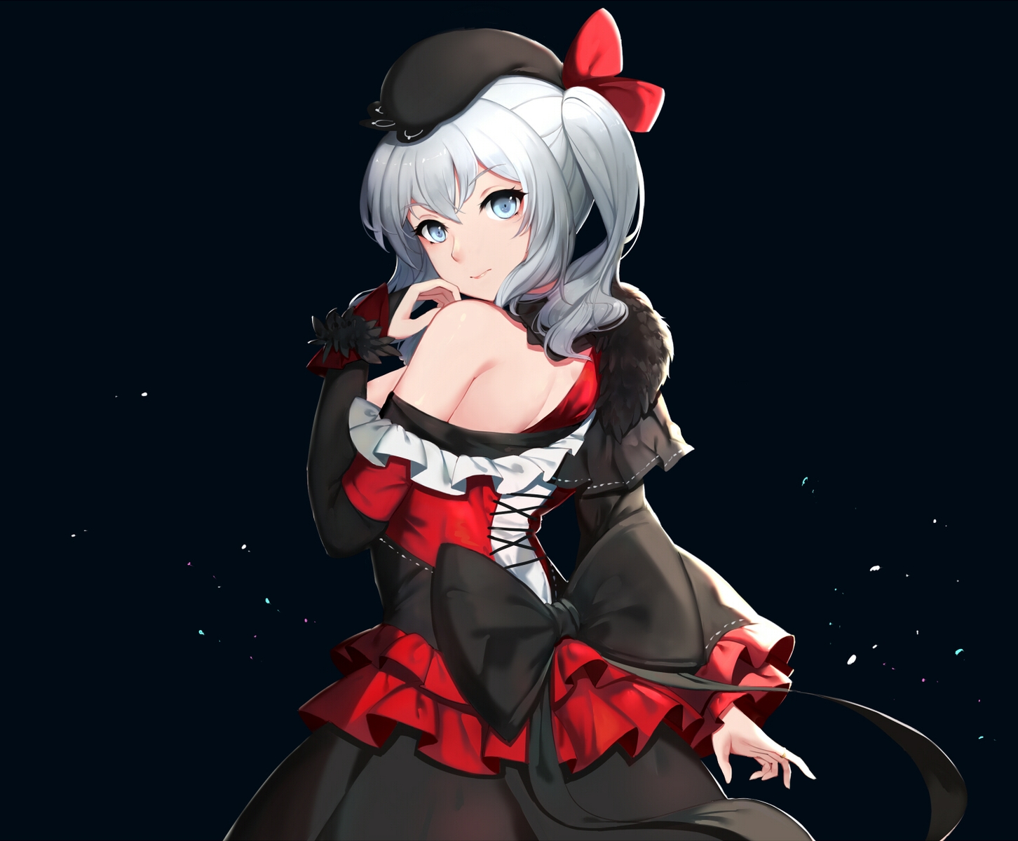 anthropomorphism, aqua_eyes, bow, dress, gray_hair, hat, kantai_collection, kashima_(kancolle), lolita_fashion, ribbons, twintails, yingji_(zszero)