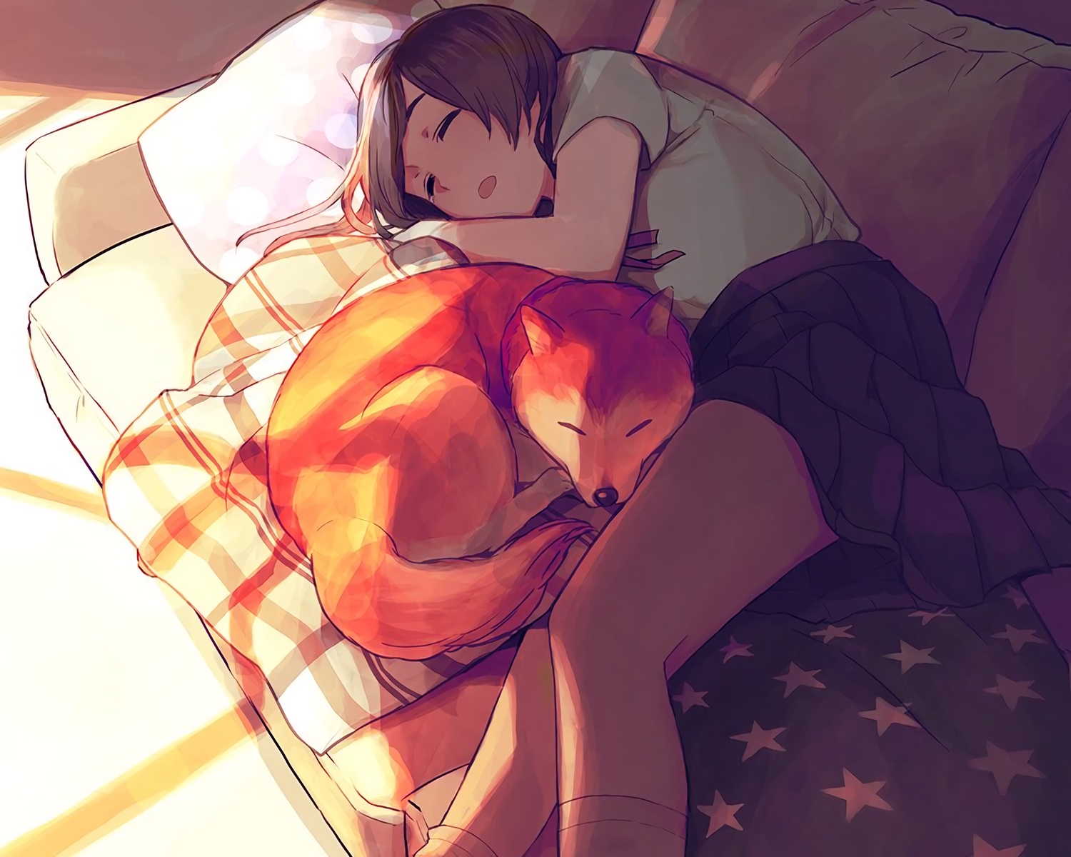 animal, couch, cropped, fox, morifumi, original, school_uniform, sleeping