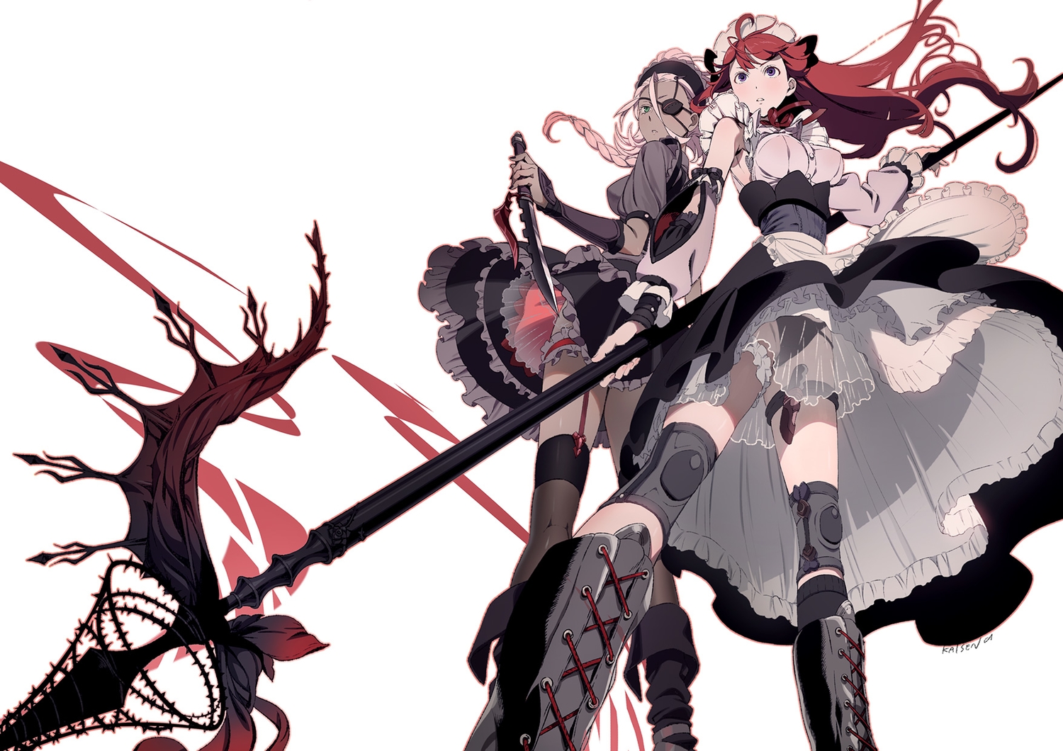 2girls, apron, boots, dark_skin, dress, eyepatch, garter, headdress