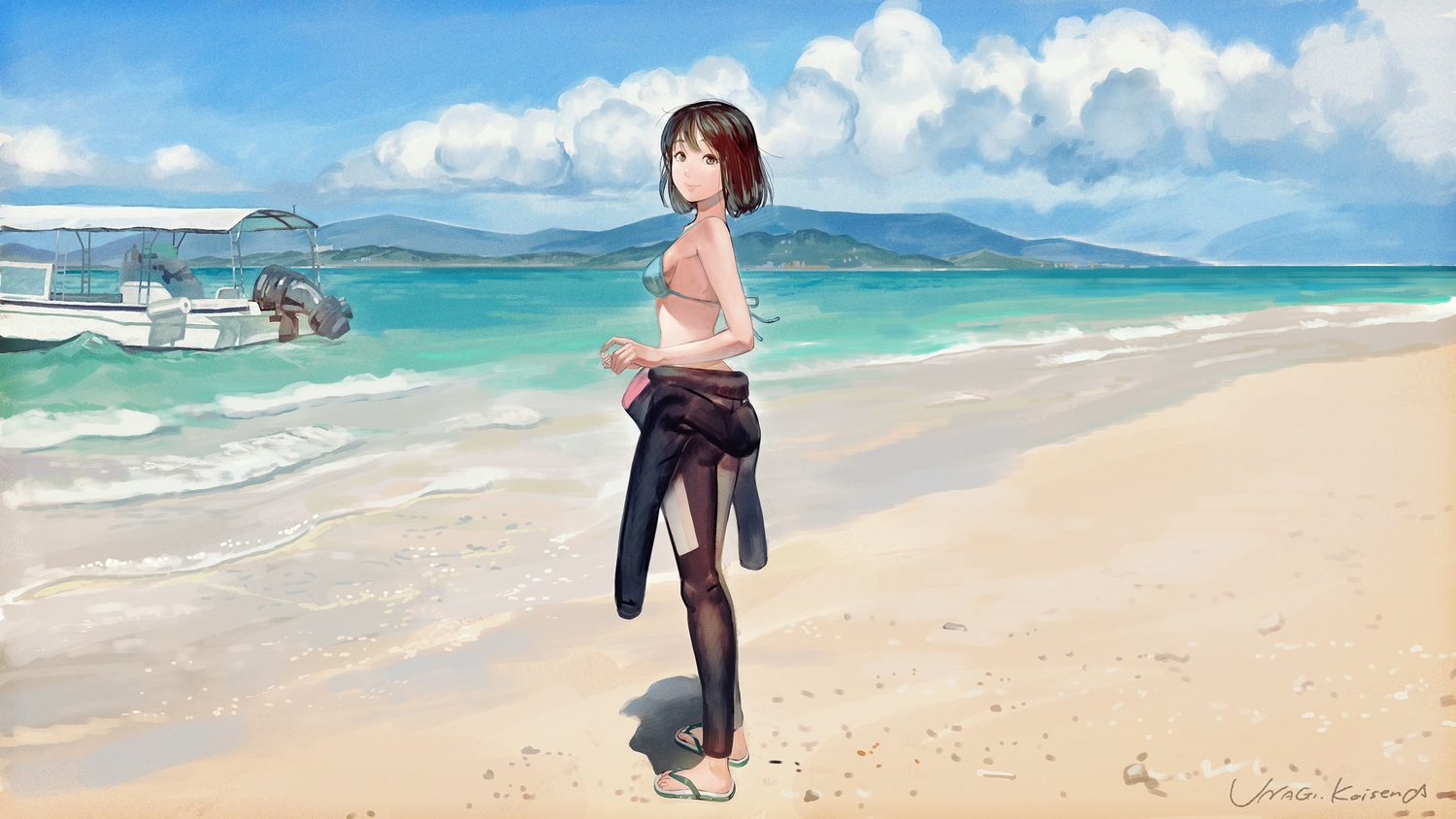 beach, bikini, boat, bodysuit, brown_eyes, brown_hair, clouds, original, short_hair, signed, swimsuit, umishima_senbon, water