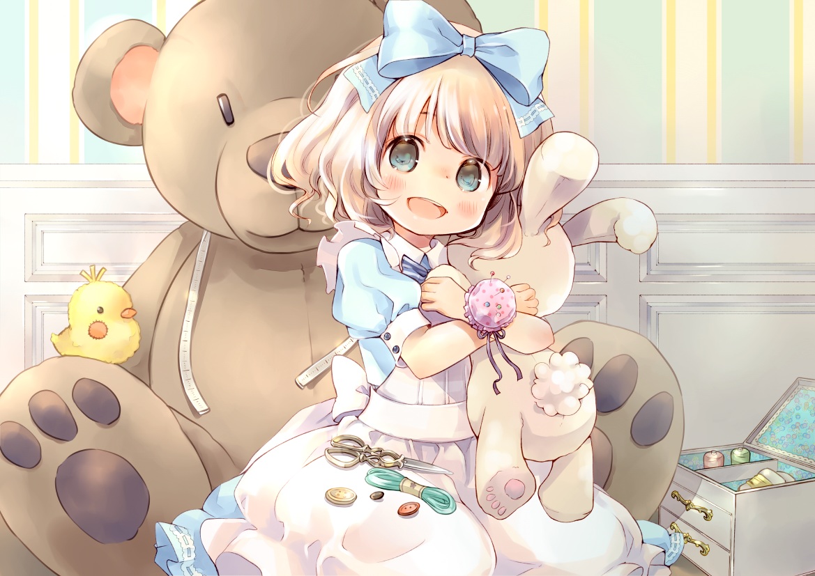 blonde_hair, blue_eyes, blush, bow, bunny, dress, hug, kuga_tsukasa, loli, lolita_fashion, original, short_hair, teddy_bear