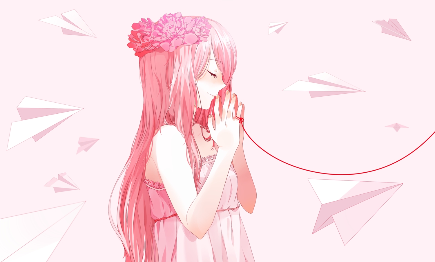 aircraft, flowers, headdress, just_be_friends_(vocaloid), long_hair, megurine_luka, paper, pink_hair, polychromatic, savi_(byakushimc), vocaloid