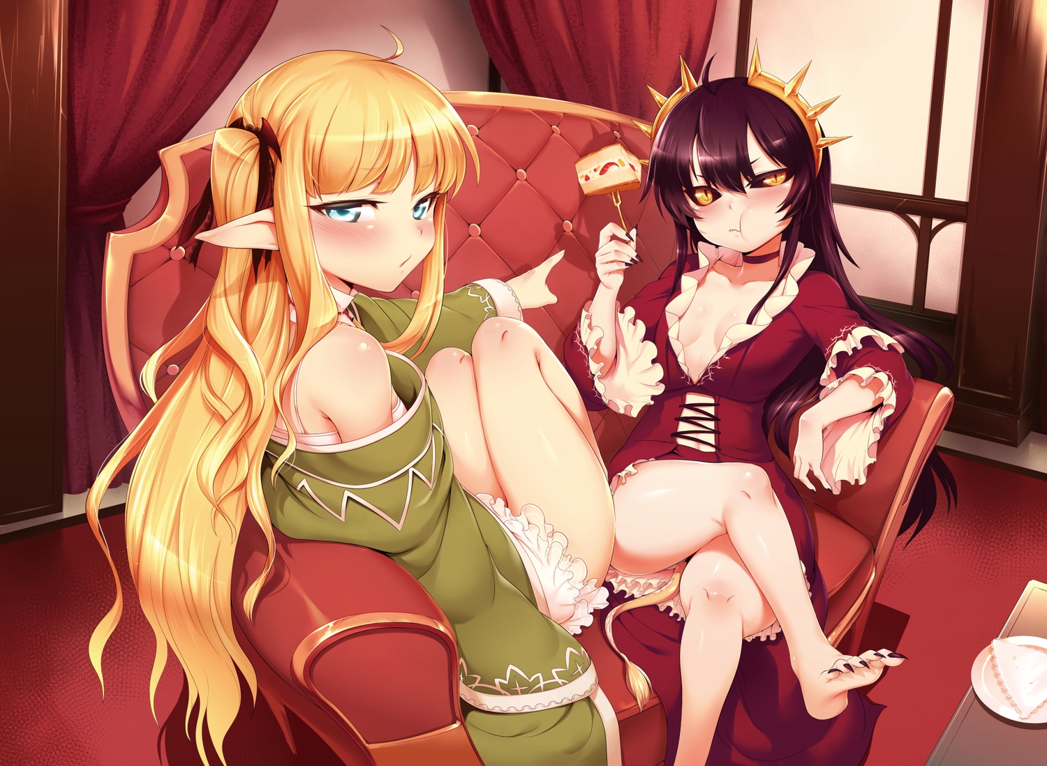 2girls, aliasing, aqua_eyes, atelier_tanaka, barefoot, black_eyes, black_hair, blonde_hair, blush, breasts, cake, choker, christina_(atelier_tanaka), cleavage, collar, couch, edita_(atelier_tanaka), fang, food, headband, long_hair, m-da_s-tarou, pointed_ears, yellow_eyes