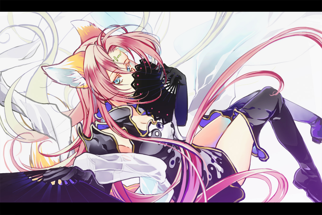 animal_ears, aoi_sakurako, blue_eyes, fan, gloves, houshin_engi, long_hair, pink_hair, so_dakki, thighhighs