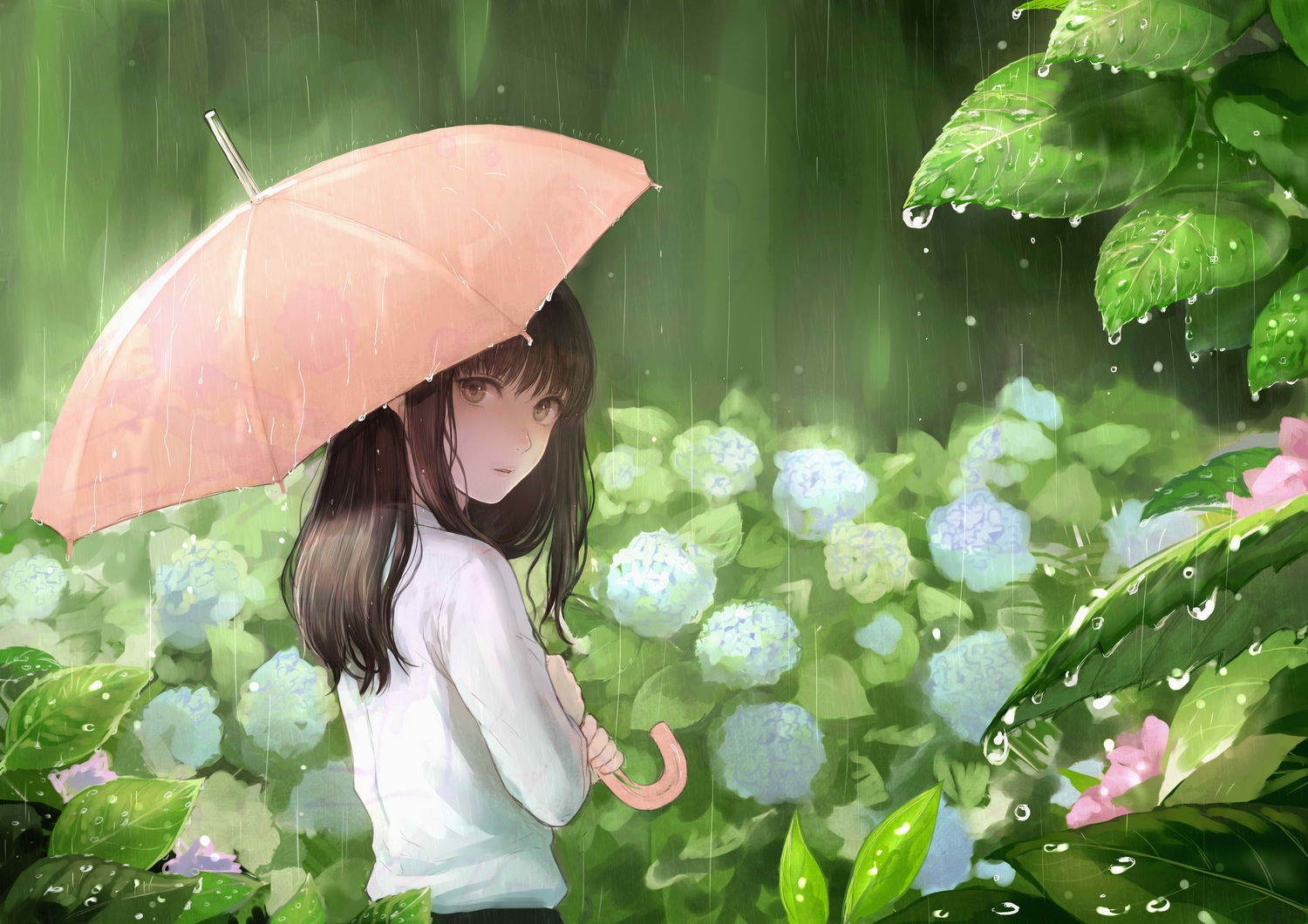 flowers, green, long_hair, original, rain, romiy, water