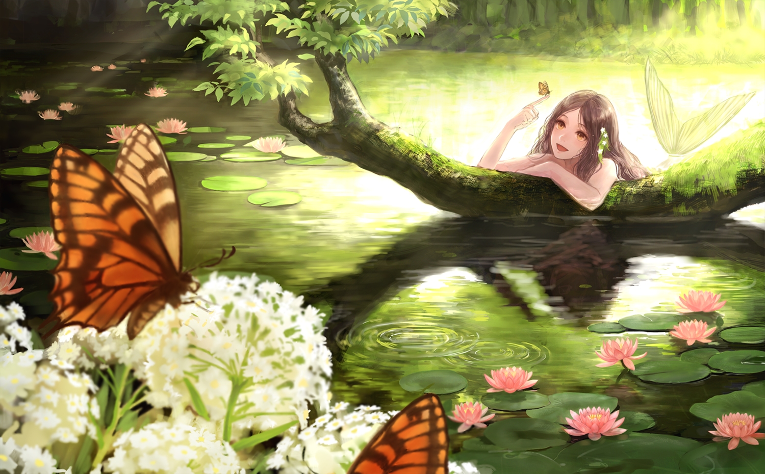 brown_hair, butterfly, flowers, green, leaves, long_hair, mermaid, orange_eyes, original, romiy, water