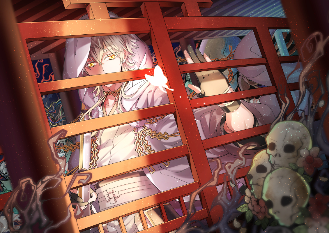aliasing, all_male, anthropomorphism, butterfly, flowers, kurisu_takumi, male, skull