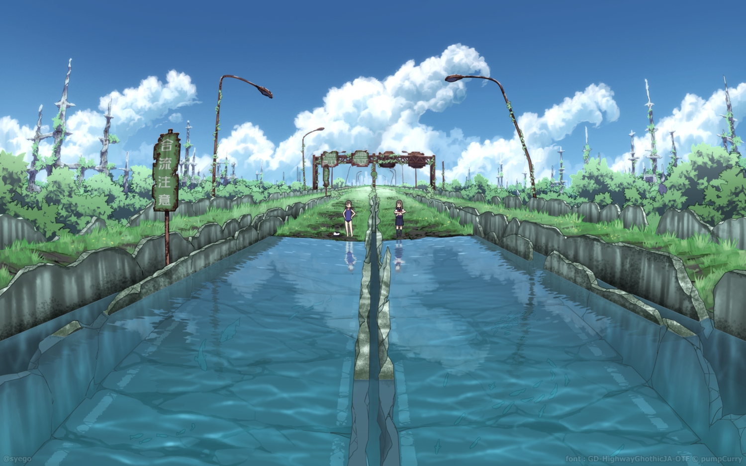 2girls, animal, clouds, fish, grass, original, ruins, school_swimsuit