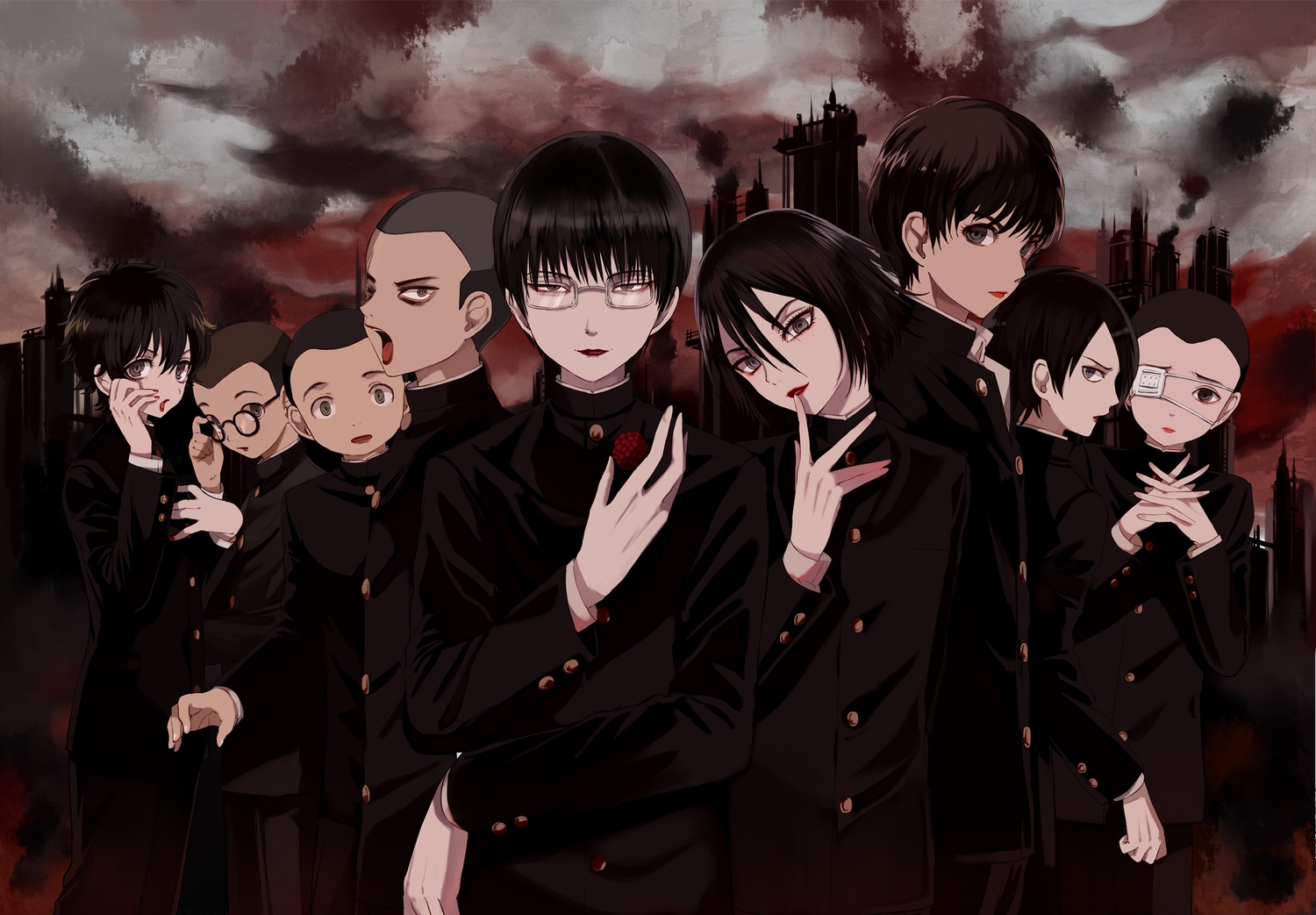 all_male, eyepatch, food, fruit, glasses, group, ichihashi_raizou, jaibo, kaneda_riku, katsuya_tabuse, kobuhei_yamada, litchi_hikari_club, male, maruino, naritoshi_ishikawa, school_uniform, suda_takuzou, tamiya_hiroshi, tsunekawa_hiroyuki