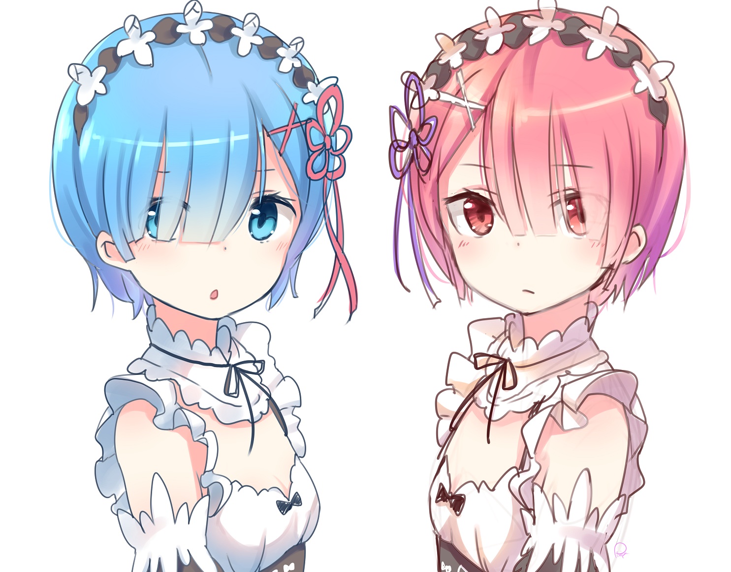 2girls, aqua_eyes, aqua_hair, close, flat_chest, headdress, maid, pink_eyes, pink_hair, piripun, ram_(re:zero), rem_(re:zero), re:zero_kara_hajimeru_isekai_seikatsu, short_hair, sketch, twins