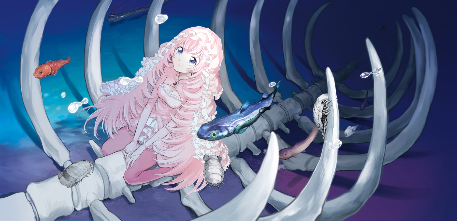 aliasing, animal, blue_eyes, breasts, bubbles, bukiyama, cleavage, fish, headdress, long_hair, original, pink_hair, skirt, stockings, underwater, water