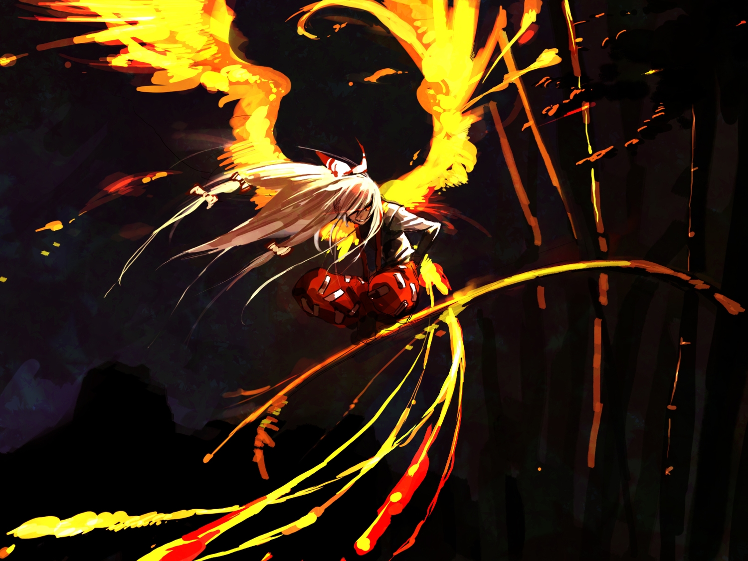 amanohana, fire, fujiwara_no_mokou, touhou, wings