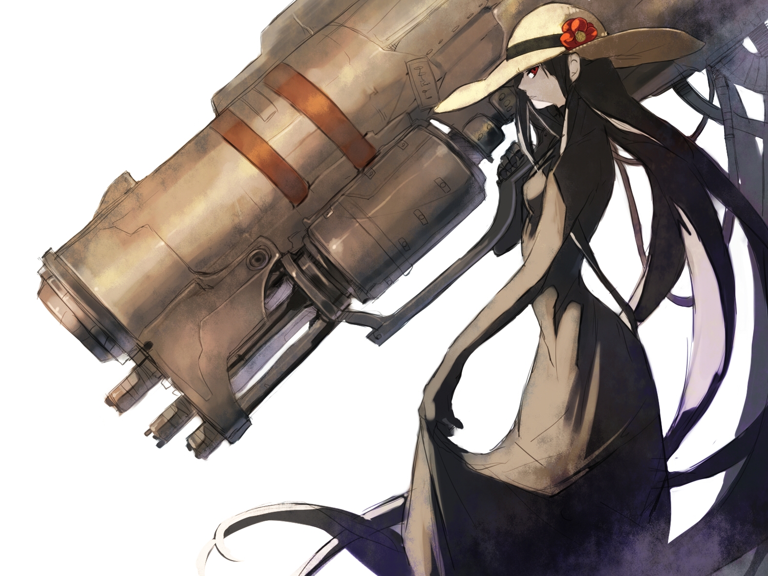 amanohana, black_hair, dress, gun, hat, long_hair, original, red_eyes, weapon
