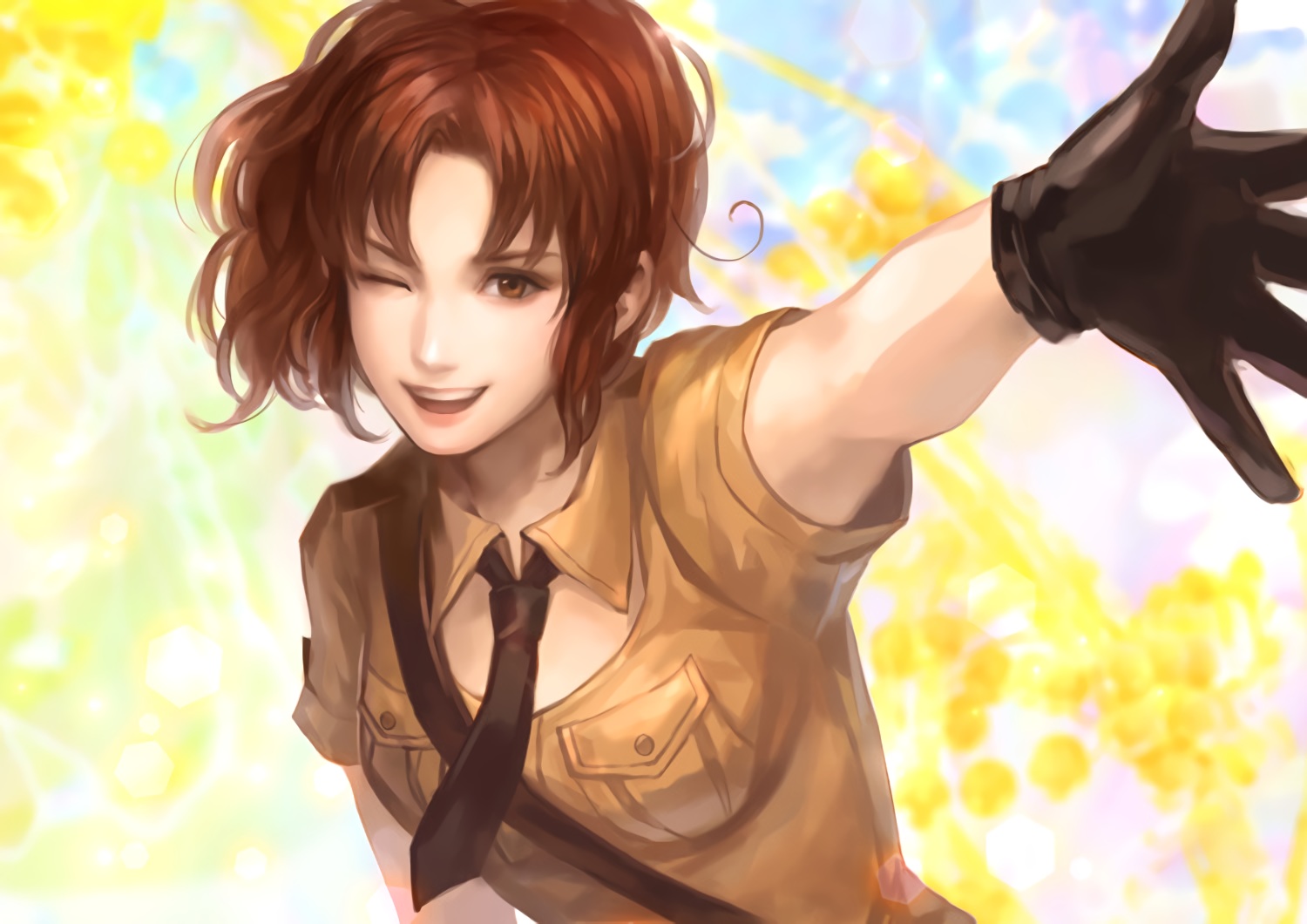 anthropomorphism, axis_powers_hetalia, brown_eyes, brown_hair, collar, genderswap, gloves, lotus