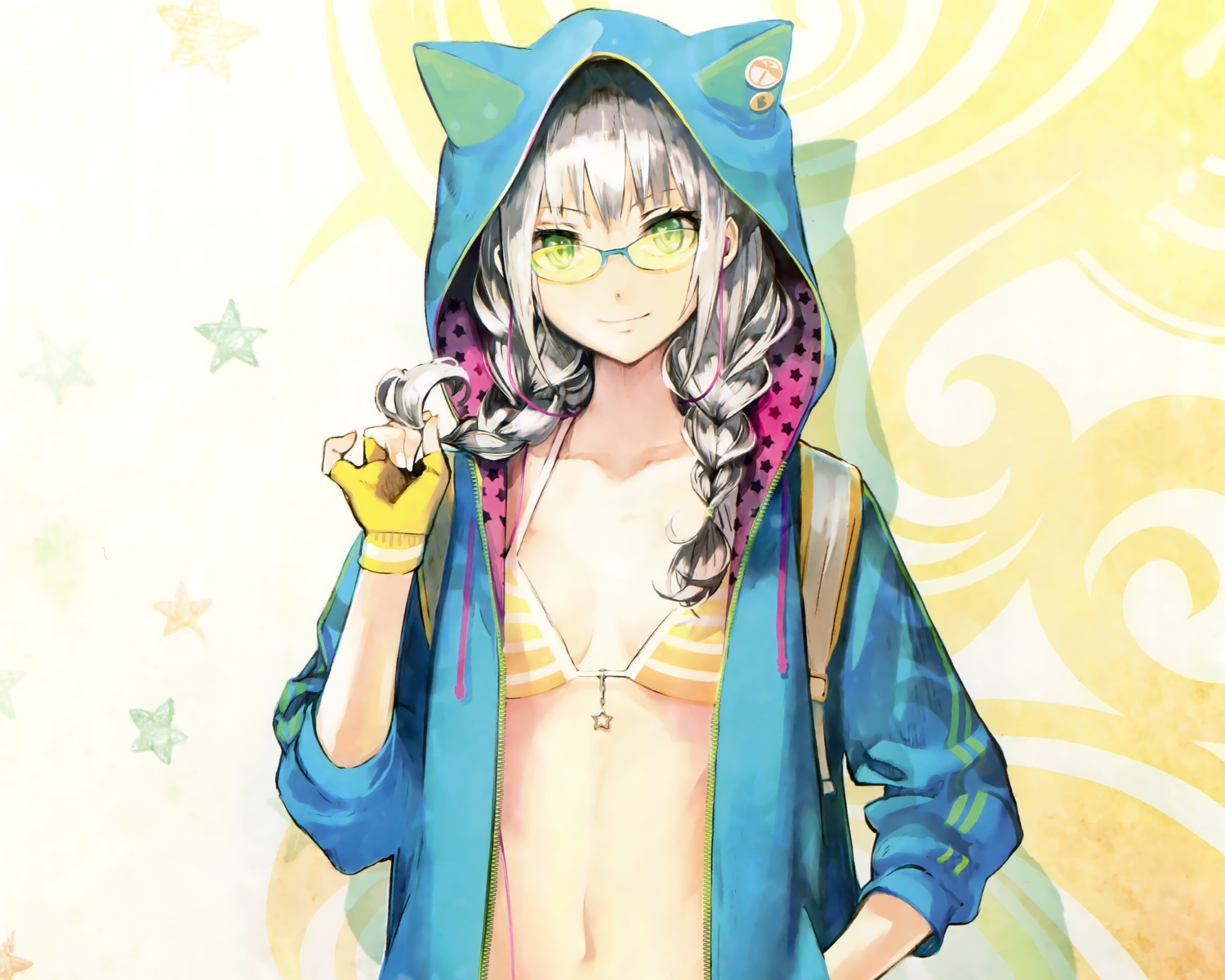 banpai_akira, bikini_top, cropped, glasses, gloves, gray_hair, green_eyes, hood, long_hair, original, scan