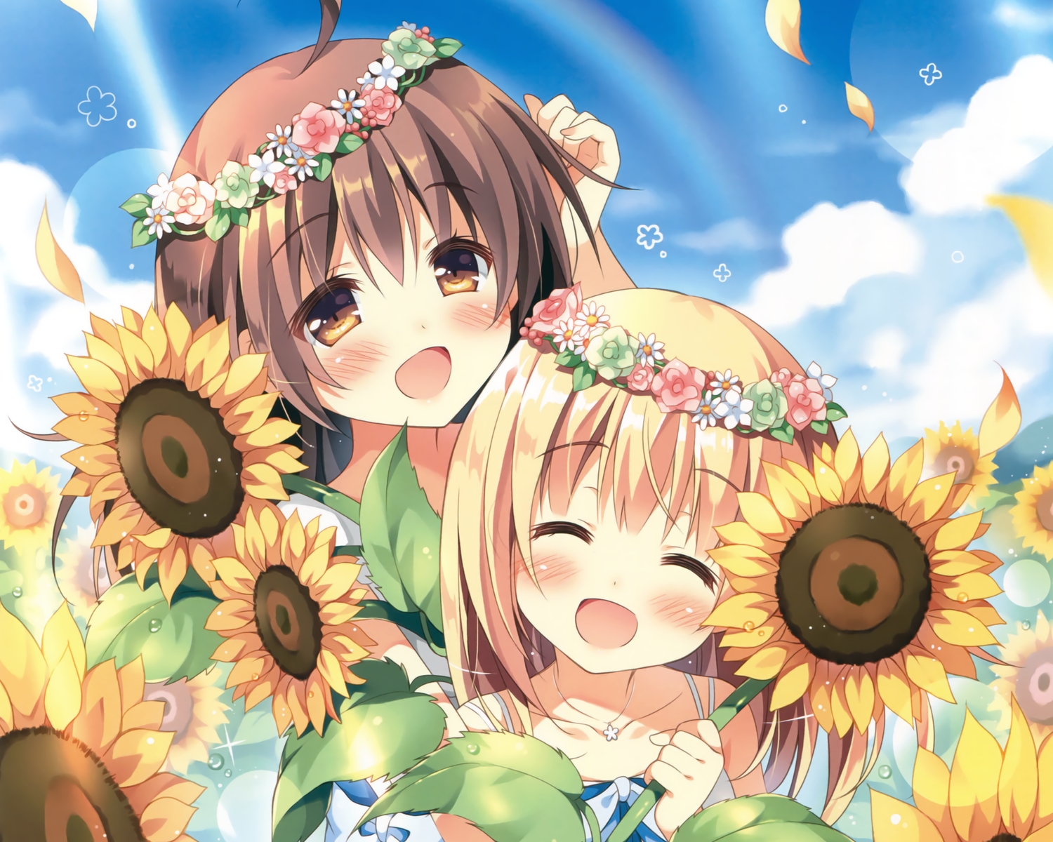 2girls, blonde_hair, brown_eyes, brown_hair, cropped, flowers, headdress, kokoa-chan_(pan)