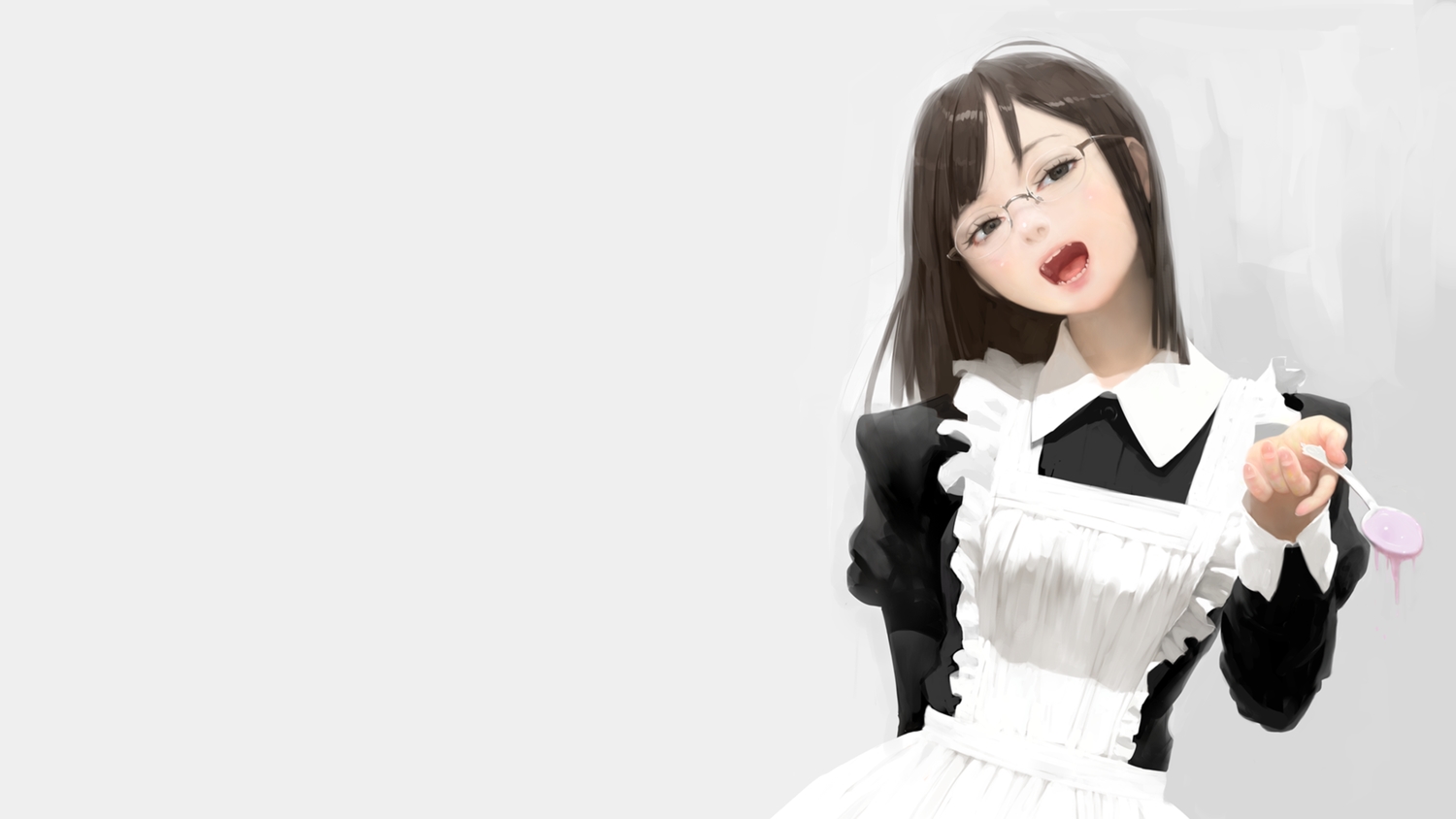 apron, black_hair, food, glasses, gray, maid, mujiha_(mlog), original