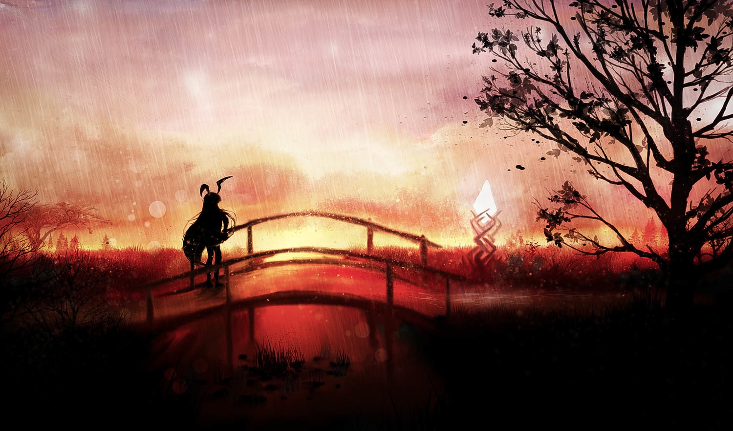 akyuun, animal_ears, long_hair, monochrome, rain, red, reisen_udongein_inaba, silhouette, sunset, touhou, tree, water
