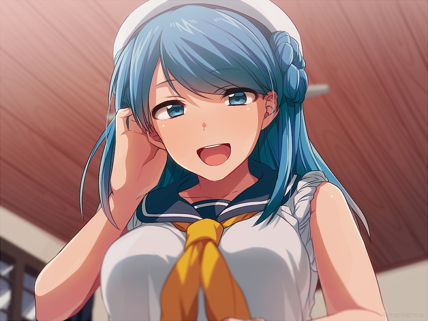 anthropomorphism, blue_eyes, blue_hair, braids, breasts, close, hat, kantai_collection
