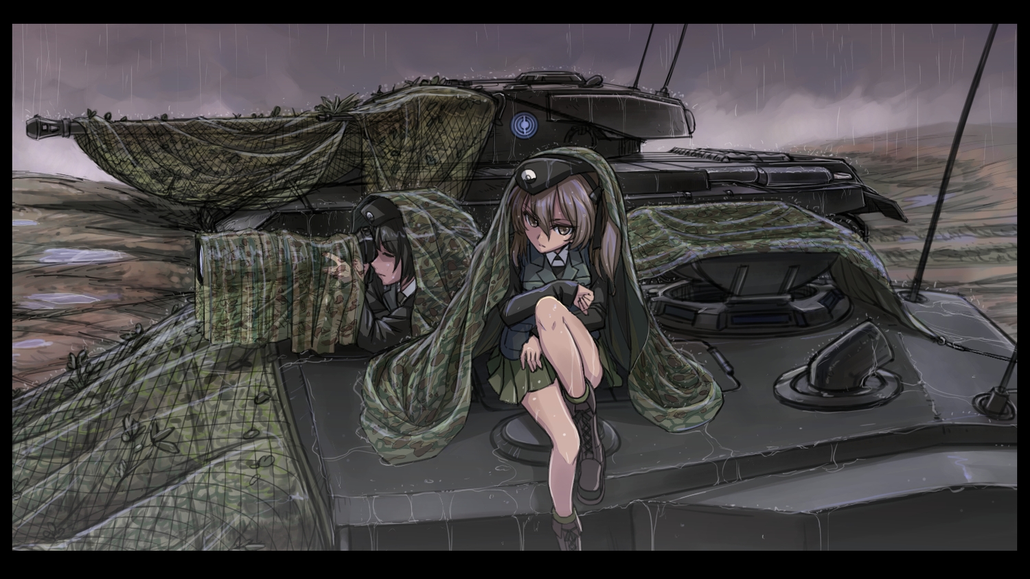 2girls, boots, combat_vehicle, girls_und_panzer, hat, kyata, rain, scenic, shimada_arisu, skirt, uniform, water, wet
