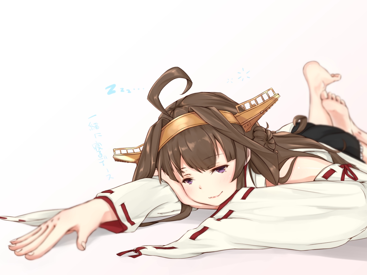 anthropomorphism, barefoot, brown_hair, kamome_donburi, kantai_collection, kongou_(kancolle)
